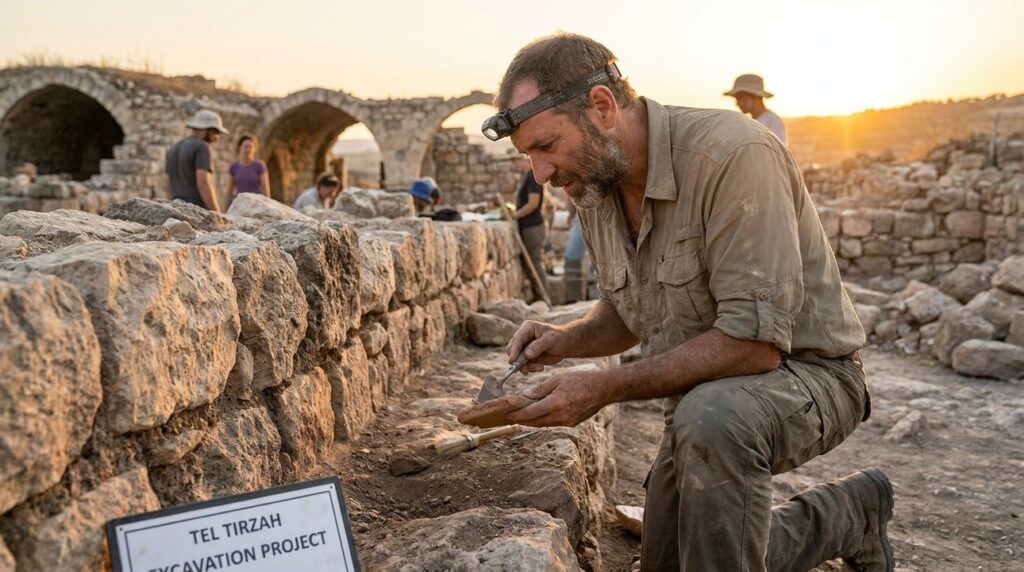 Archaeologist examines ancient ruins at Tirzah in early evening light.
