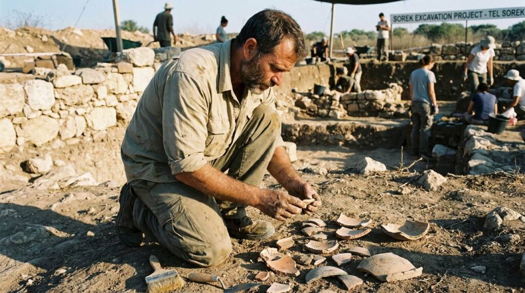 Male archaeologist examines pottery shards at dig site in Sorek.