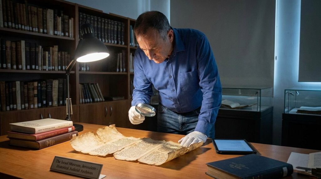 Israeli historian in casual attire studying ancient manuscripts in museum.