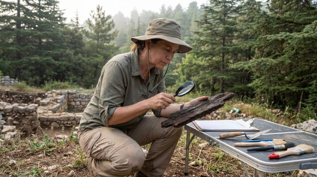 Israeli archaeologist examines cedar wood fragments at archaeological site.