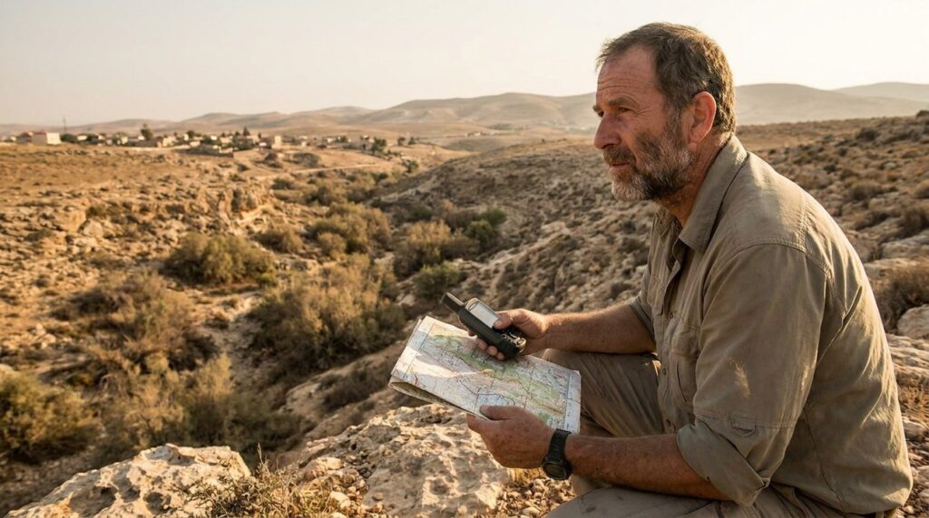 Middle-aged Israeli archaeologist examining a map in rocky terrain.