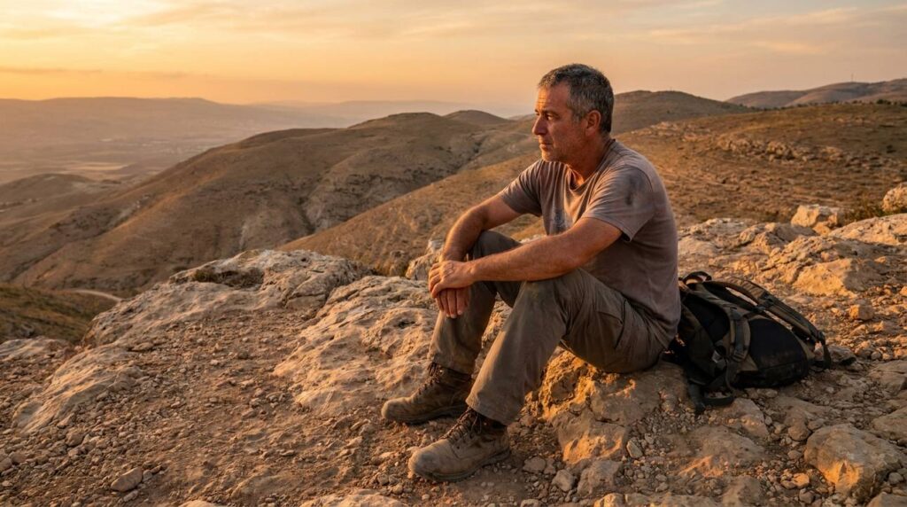 Middle-aged Israeli man sits on a rock reflecting at sunset.