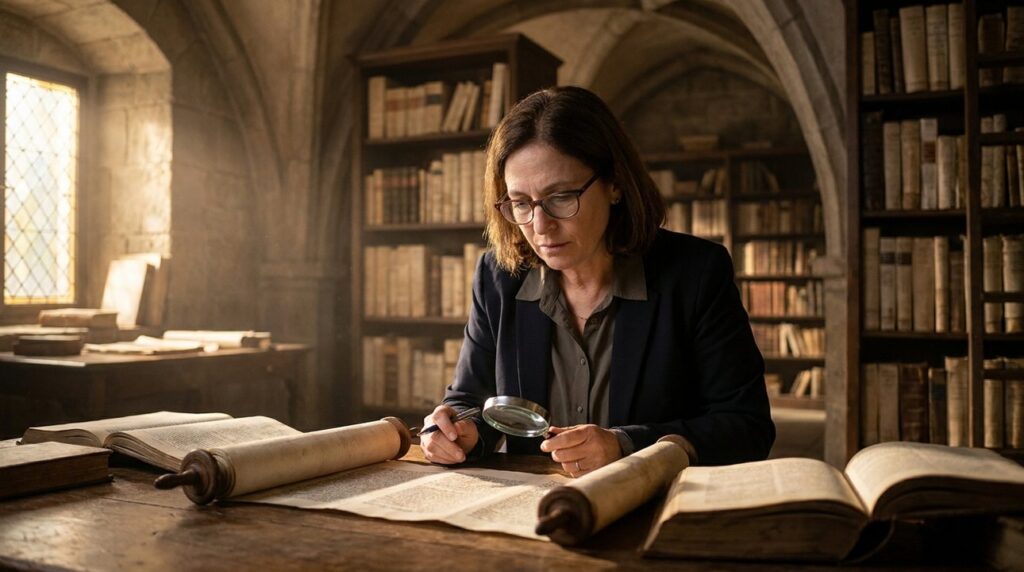 Israeli scholar studies ancient texts in a sunlit Jerusalem library.