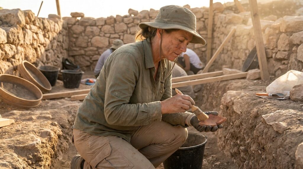 Middle-aged Israeli archaeologist examines Iron Age pottery shard at excavation site.