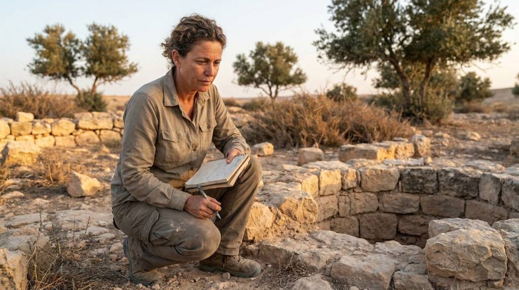 Israeli archaeologist documenting ancient well ruins at Beer-lahai-roi at dusk.