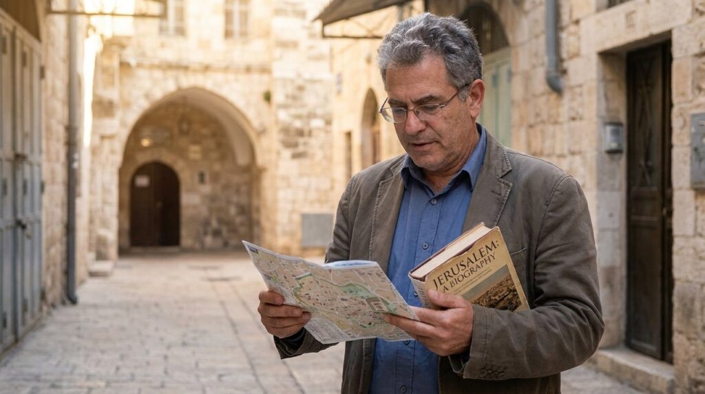 Israeli historian holding a map and book in ancient Jerusalem.