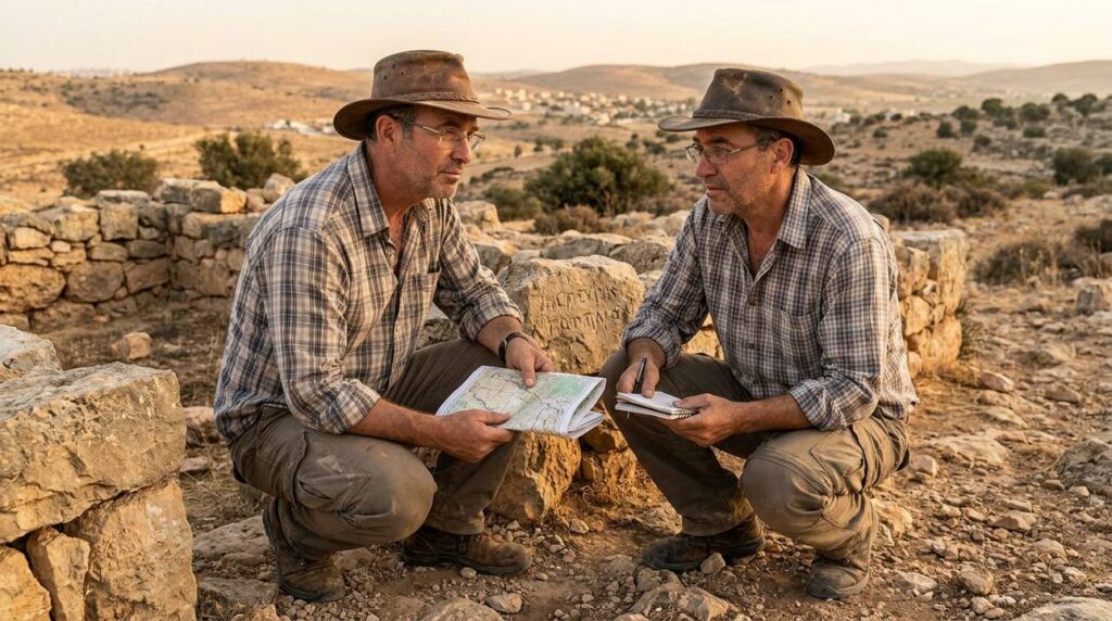 Israeli historian examines ancient ruins with map and notebook in Israel.