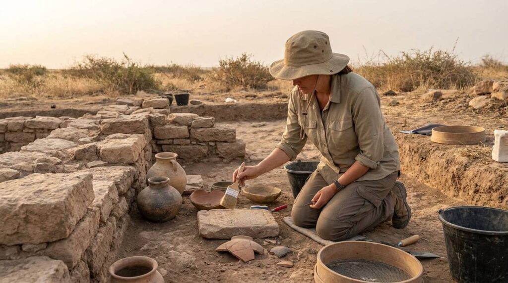 Archaeologist examines artifacts at Nahor dig site with pottery background.