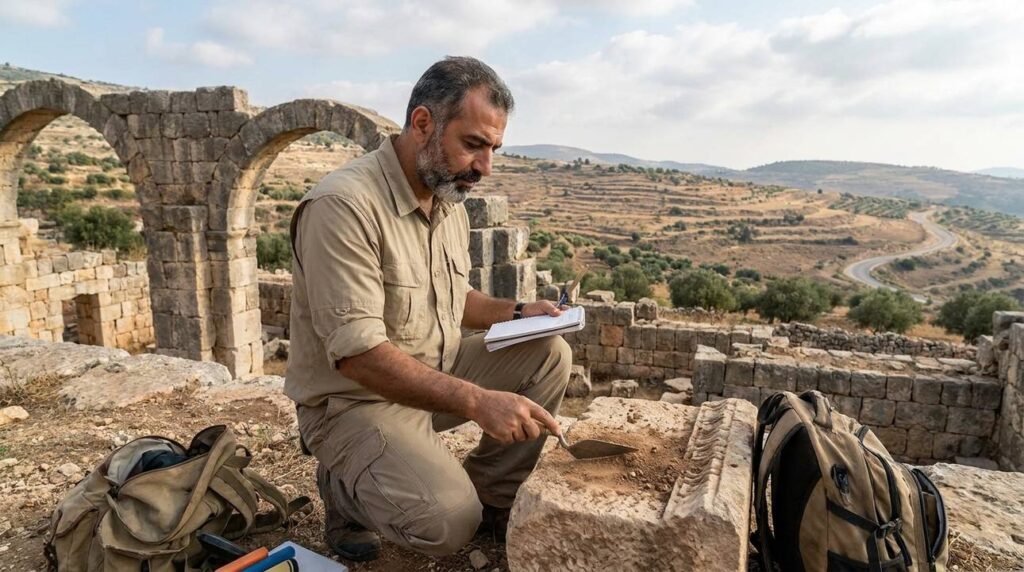 Archaeologist examines ancient ruins in Marjaayoun landscape.