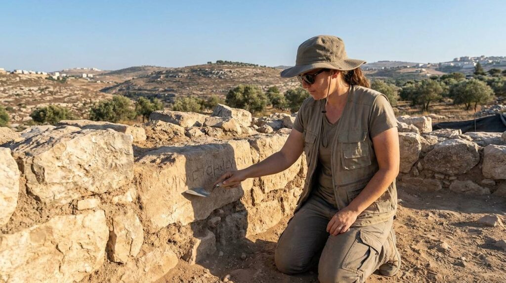 Israeli archaeologist examines ancient ruins in Luz, rugged landscape behind.