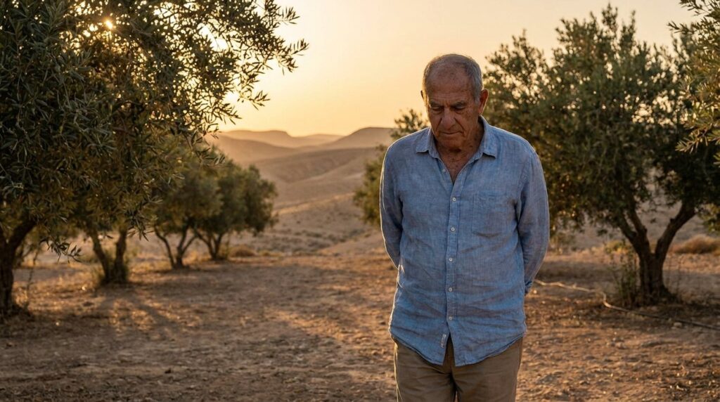 Elderly Israeli man walking through olive groves in Negev Desert.