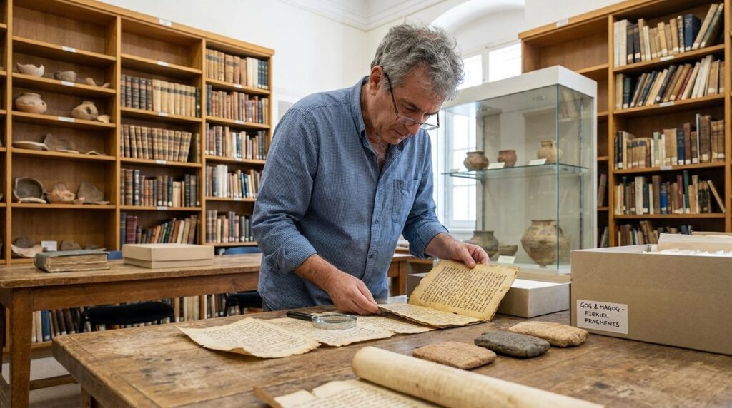 Israeli scholar examines ancient texts in a well-lit library.