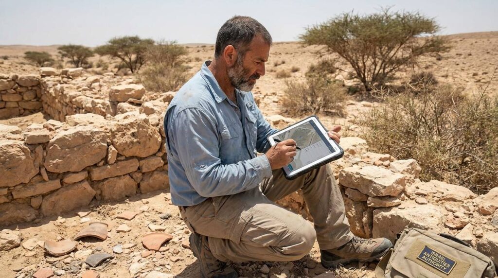 Israeli archaeologist using a tablet at Negev desert ruins.