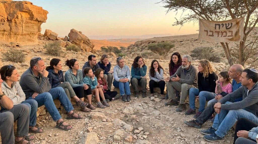 Diverse group of Israelis discussing peacefully in Negev desert at sunset.