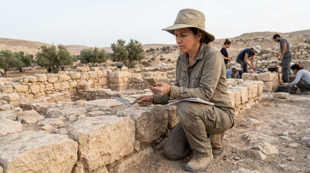 Israeli archaeologist examines ancient ruins at Bokim, wearing a field outfit.