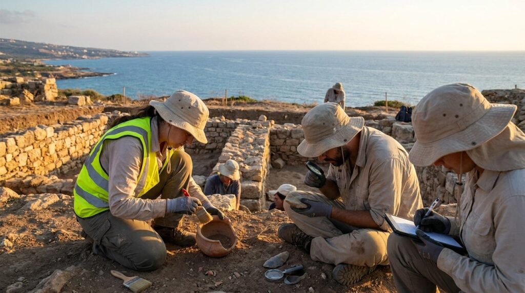 Archaeologists examining artifacts at Gebal with Mediterranean coast in background.