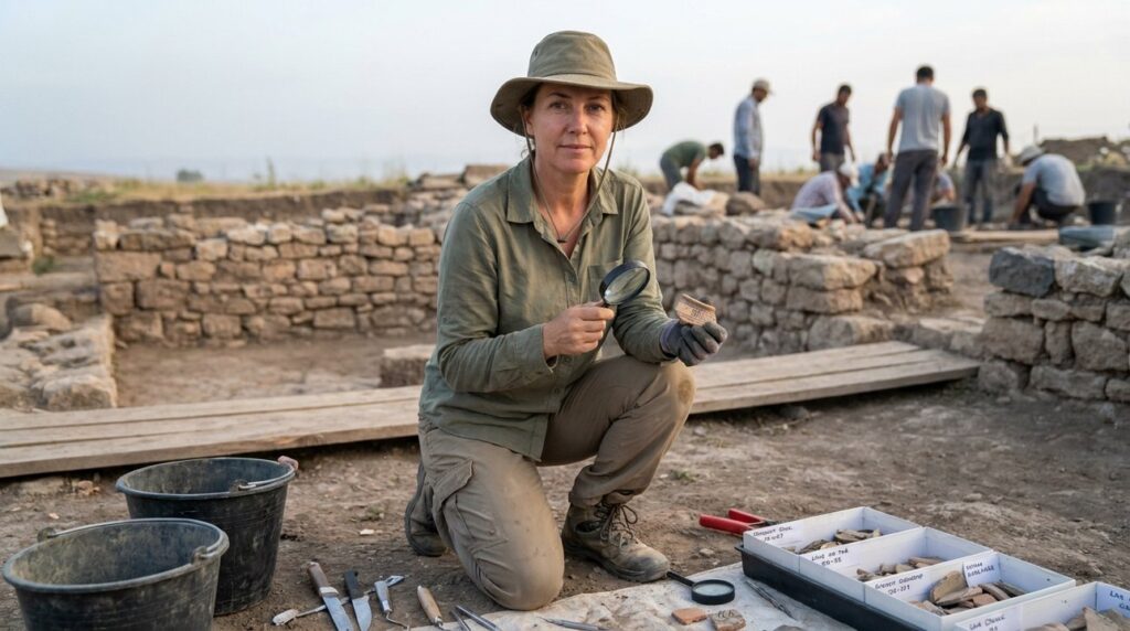 Caucasian woman archaeologist examines pottery shards at Kue dig site.
