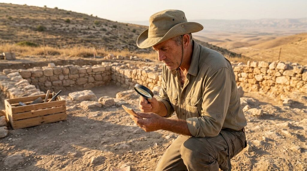 Israeli archaeologist examines artifacts at a site in rugged landscape.