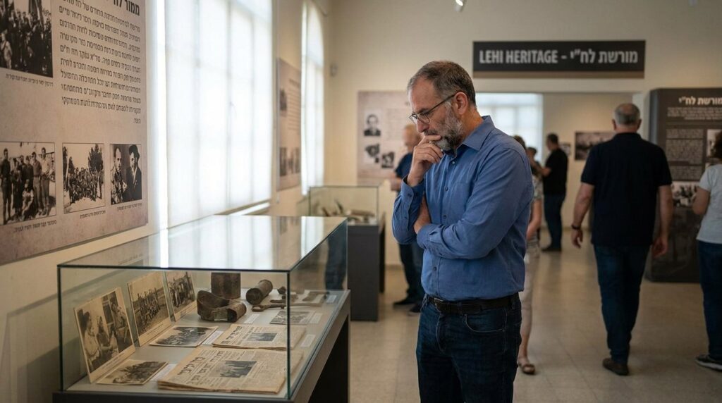 Middle-aged Israeli man viewing Lehi memorabilia in a museum.