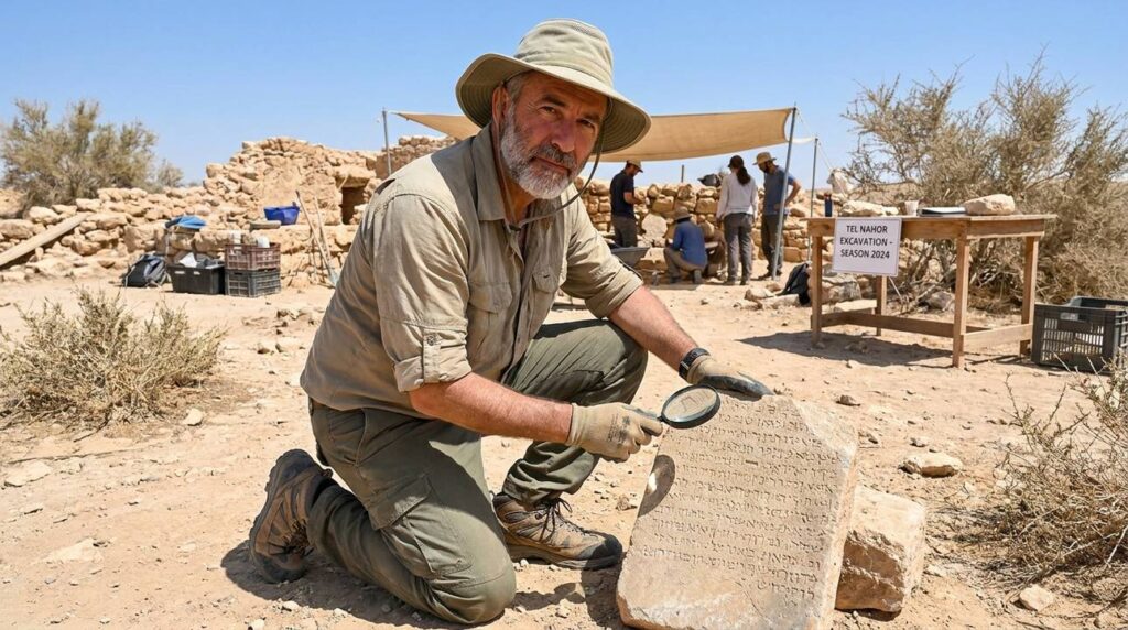 Israeli archaeologist examines ancient tablets in desert under clear sky.
