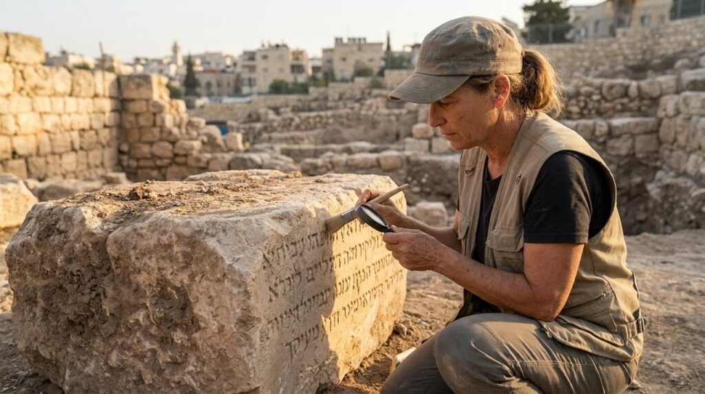 Israeli archaeologist examines ancient Hebrew inscription in City of David.