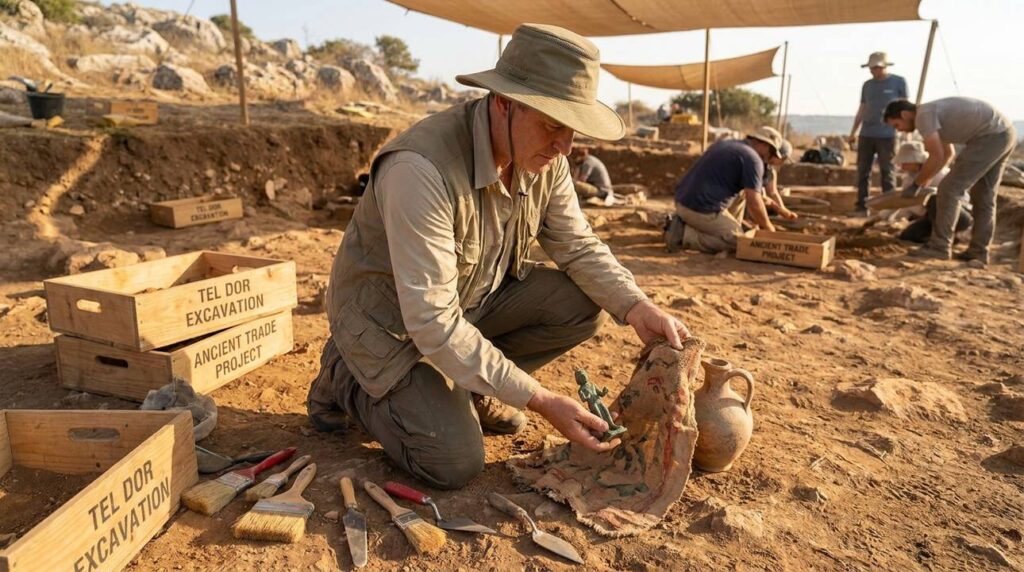 Israeli archaeologist examines ancient trade artifacts at excavation site in Israel.