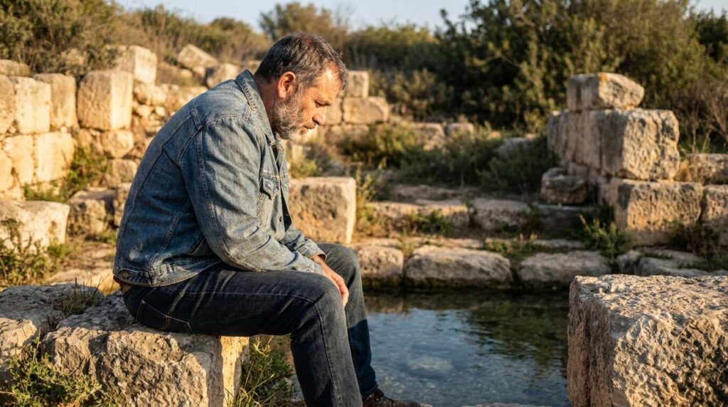 Middle-aged Israeli man in casual clothes reflecting at En-hakkore.