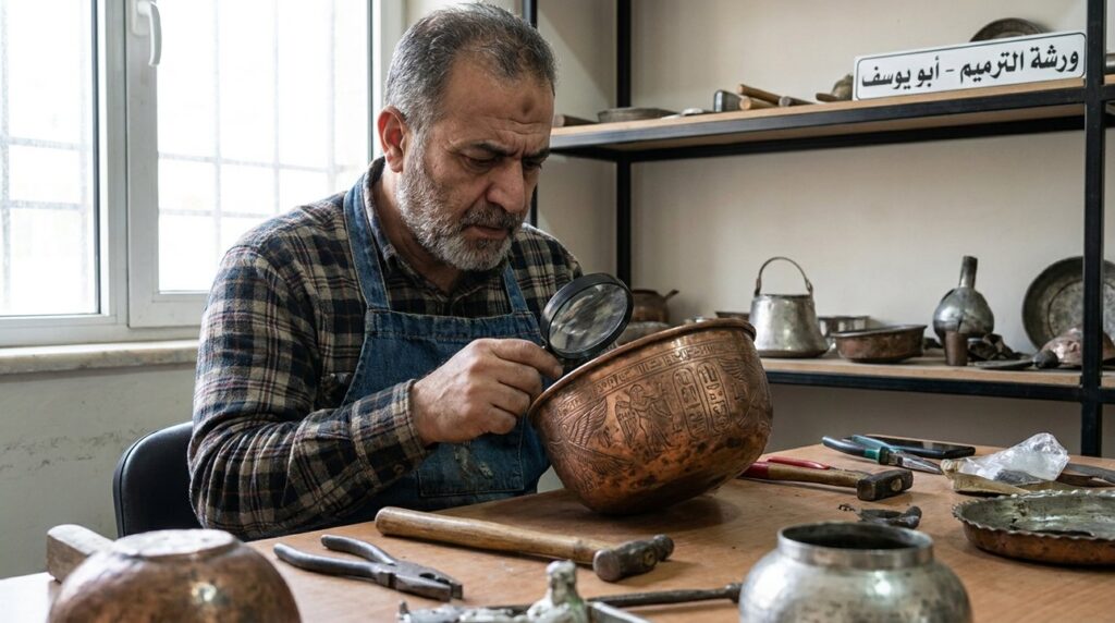 Artisan examines ancient metalwork in a modern workshop.