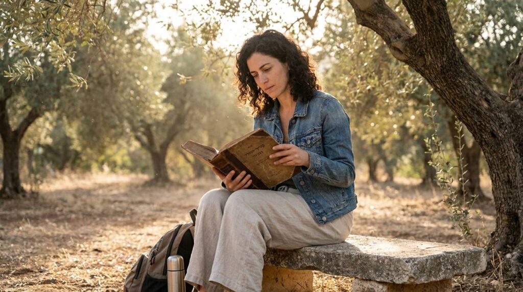 Israeli woman reads ancient text in olive grove with sunlight.