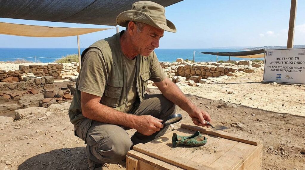 Israeli archaeologist examines metal artifacts at Mediterranean excavation site.