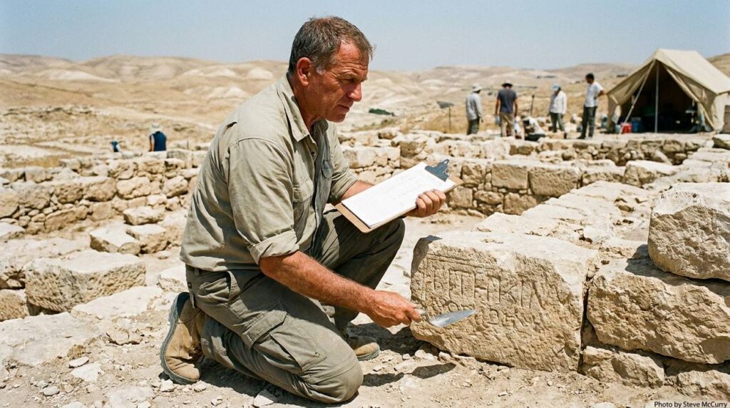 Archaeologist examining ancient ruins with clipboard in a dry landscape.