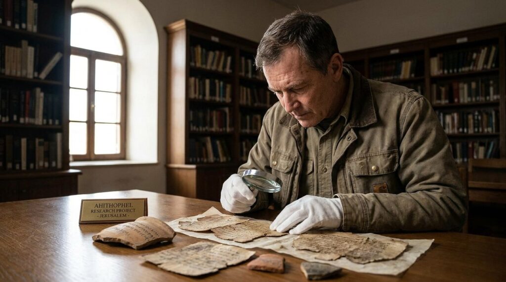 Historian in outdoor clothing examining ancient manuscripts in a museum.