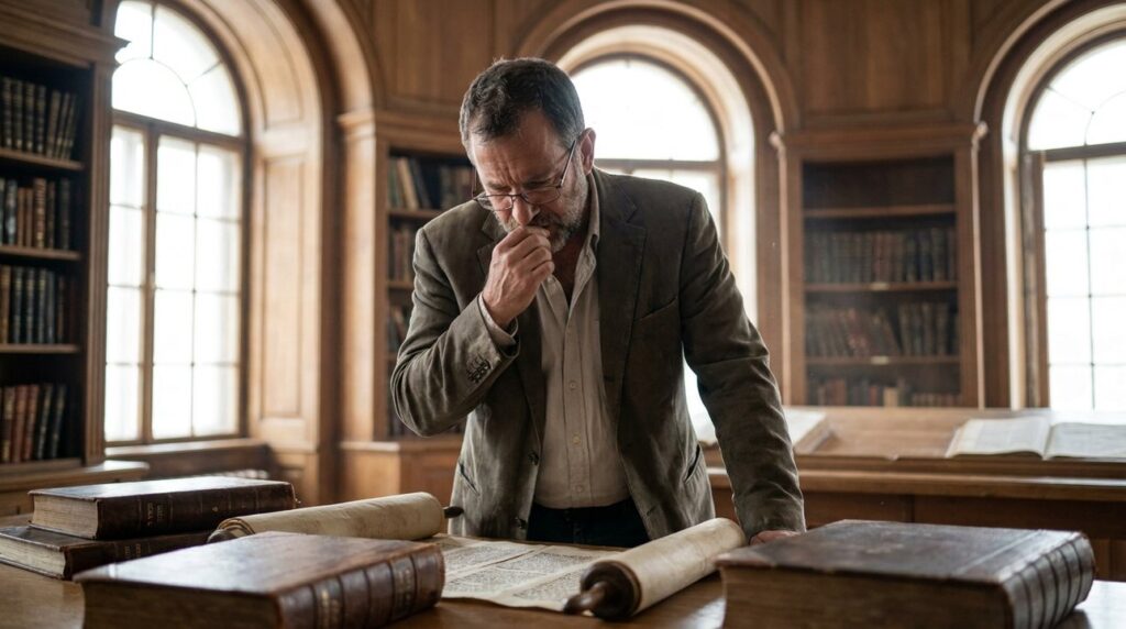 Israeli scholar reads ancient texts in a sunlit library.
