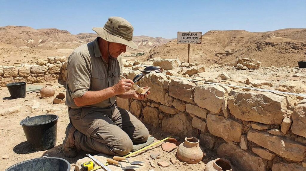 Archaeologist examines ancient ruins at Dinhabah with tools and artifacts.