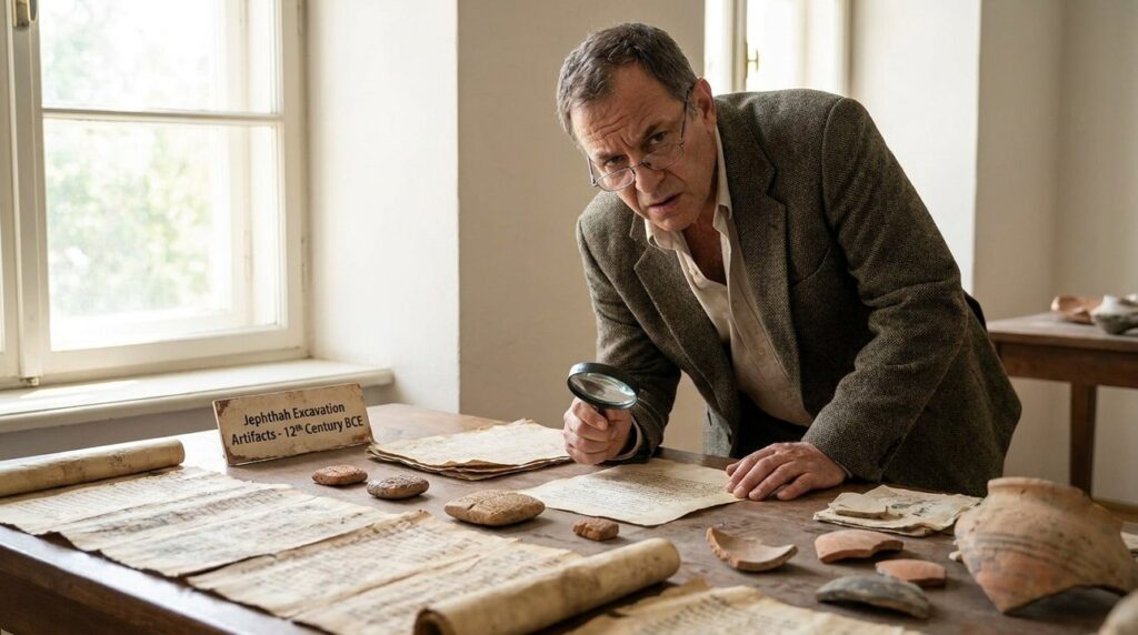 Israeli historian examines Jephthah artifacts in museum setting.