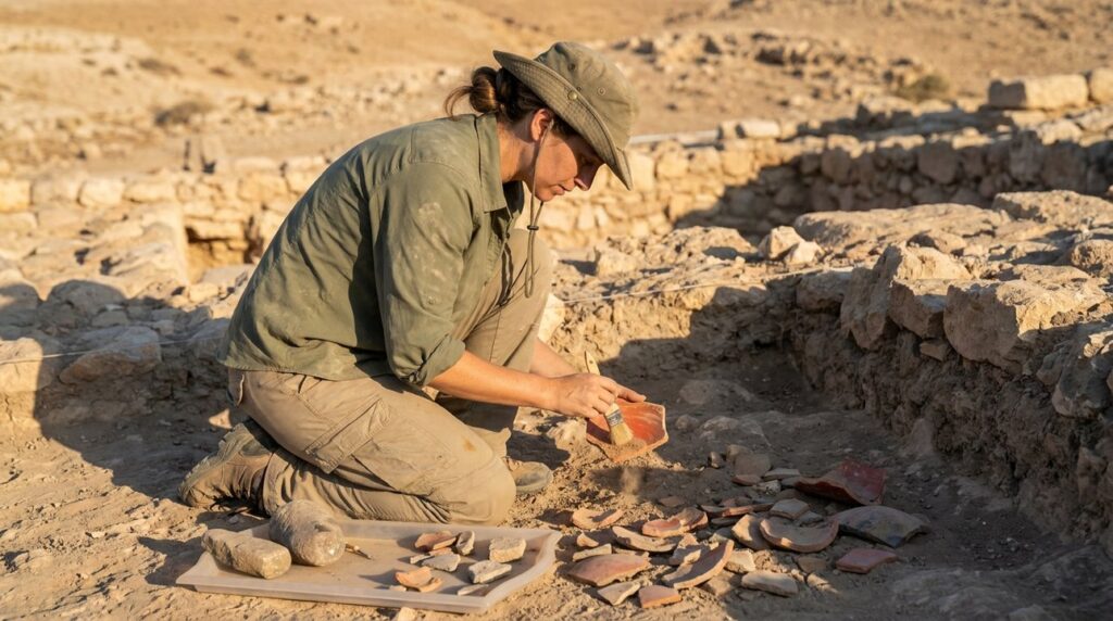 Israeli archaeologist examines artifacts at Zarethan site in morning light.