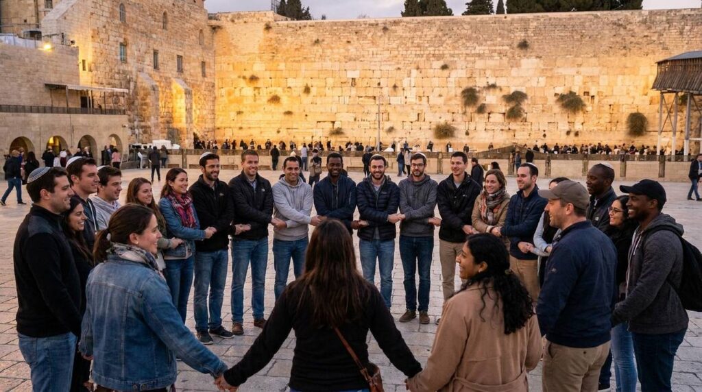 Diverse group holding hands at Western Wall in Jerusalem at sunset.