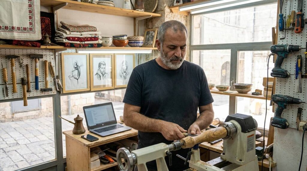 Middle-aged Israeli artisan crafting in a well-equipped Nazareth workshop.