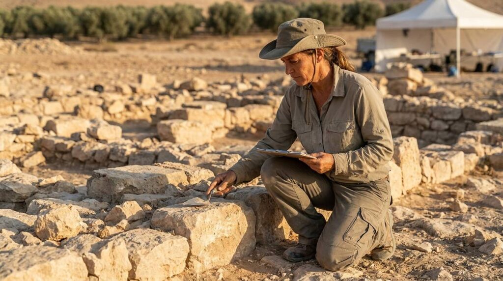 Israeli archaeologist examines ancient ruins at Kadesh in evening light.