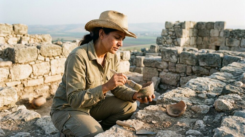 Archeologist examining ancient ruins at Tel Megiddo in soft morning light.