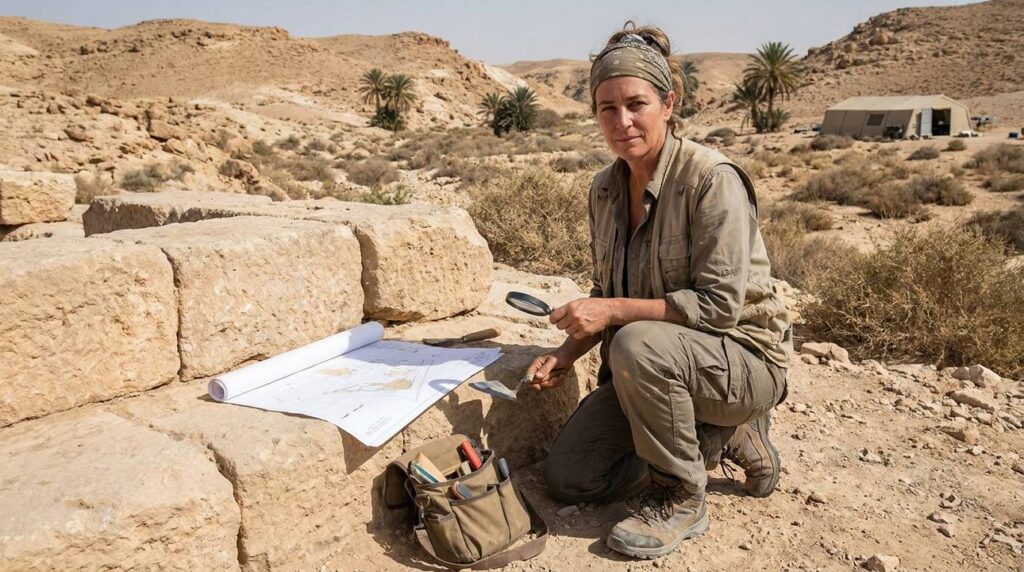 Israeli archaeologist examines ancient ruins in Negev with map and tools.
