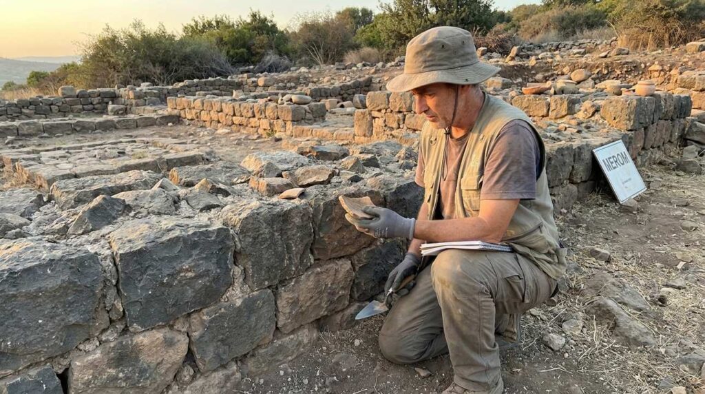 Historian examining ancient ruins at Merom in soft evening light.