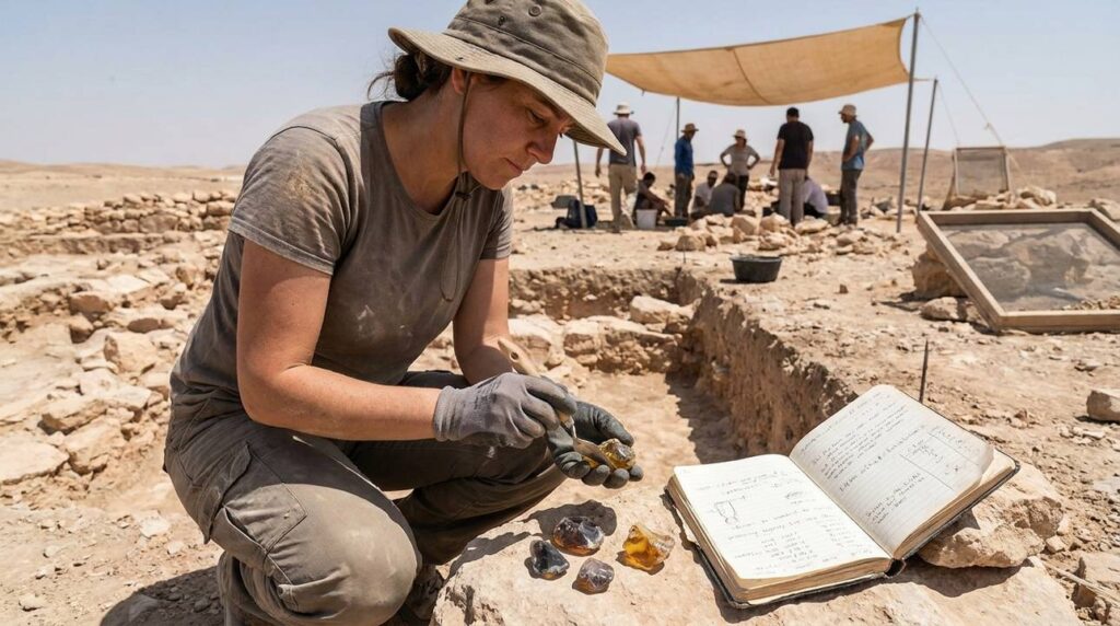 Israeli archaeologist examines artifacts at Negev desert excavation site.