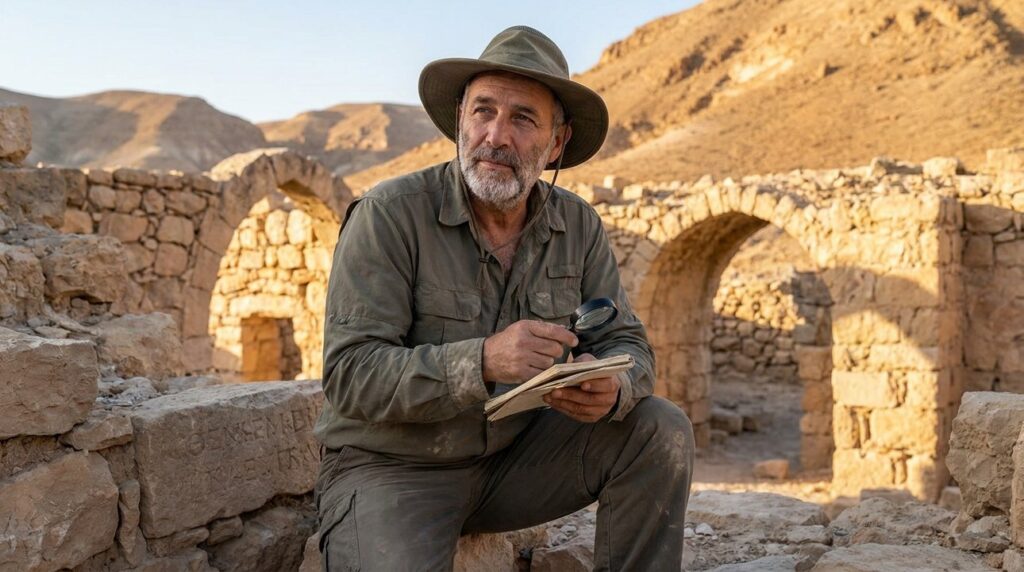 Israeli historian examining ancient ruins in Paran desert at dawn.
