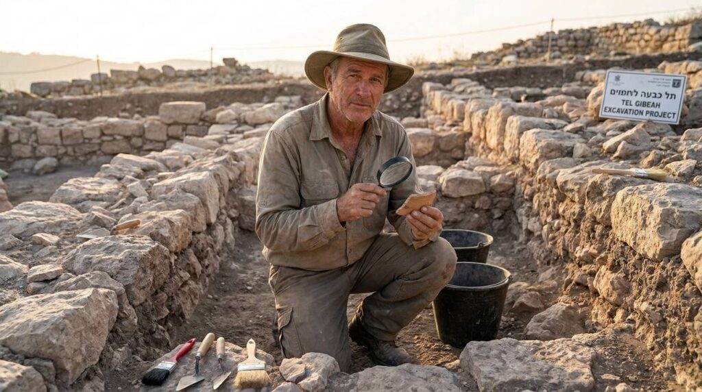 Israeli archaeologist examines artifacts at Gibeah archaeological site in morning.