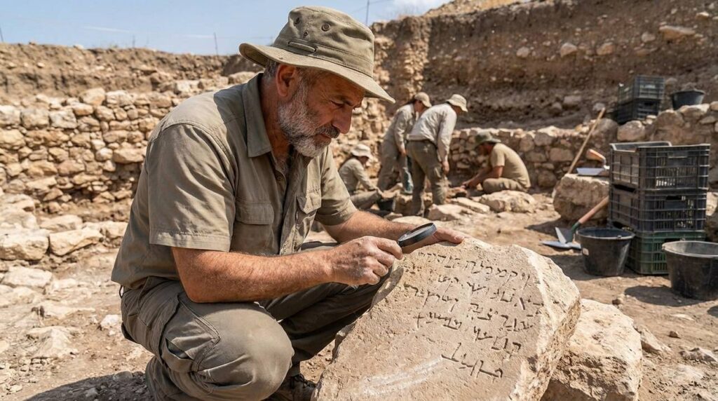 Israeli archaeologist reading Aramaic inscriptions at an archaeological site in Israel.