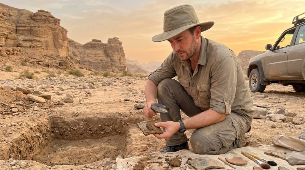 Archeologist examining ancient relics in Egypt's desert at sunset.
