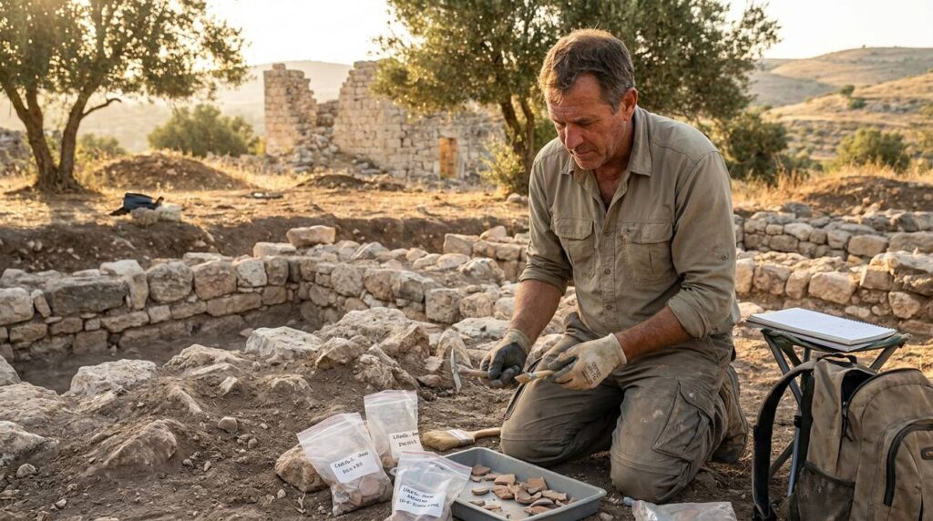 Archaeologist examining pottery shards at ancient ruins near Jerusalem.