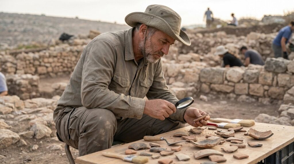 Israeli archaeologist examining pottery shards at Samaria dig site.