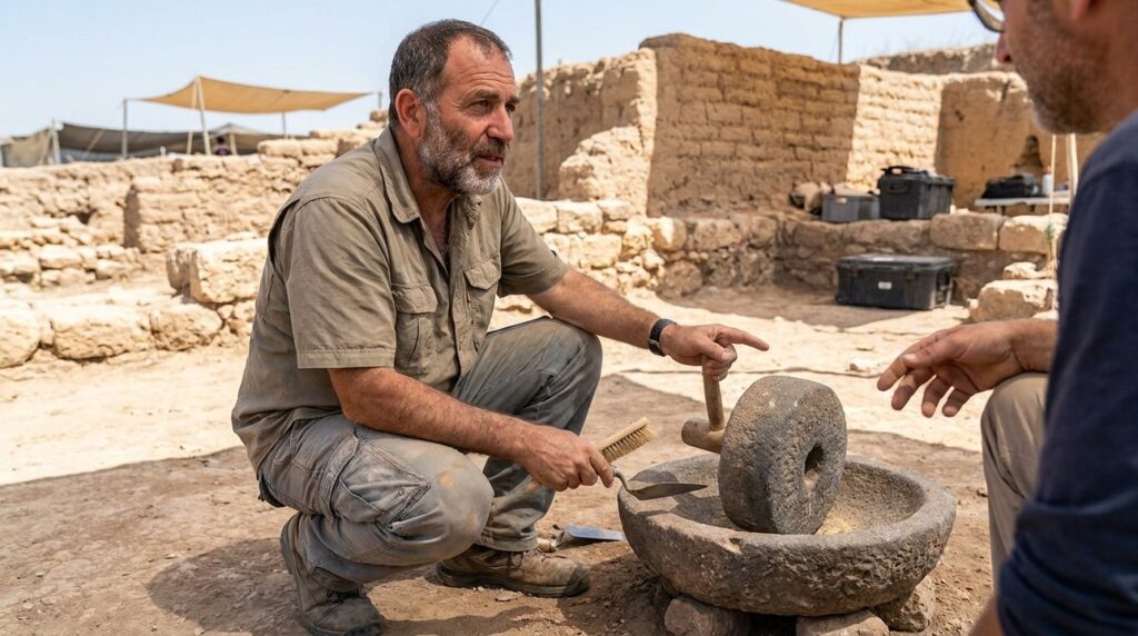 Israeli archaeologist examines olive oil tools at Ekron excavation site.